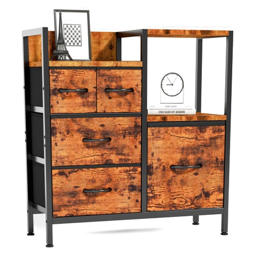 Furnulem Rustic Brown Chest of Drawers 2 Tier Shelf Dresser for Bedroom 5 Drawers Storage Fabric Dresser Sturdy Steel Frame Dresser with Fabric Drawers for Living Room Entryway Dorm Organizer Unit