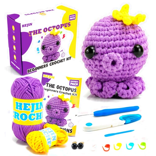 HEJIN Crochet Kit for Beginners, Beginner Crochet Kit for Adults Kids, Octopus Crochet Animal Kit Include Videos Tutorials, Yarn, Eyes, Stuffing, Crochet Hook- Boys and Girls Birthdays Gift
