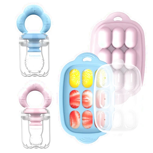 Tenmonth Baby Fruit Food Feeder Breastmilk Popsicle Molds with Freezer Tray, Tenmonth Silicone Baby Feeder for Safe Infant Self Feeding 2 Pack, BPA Free