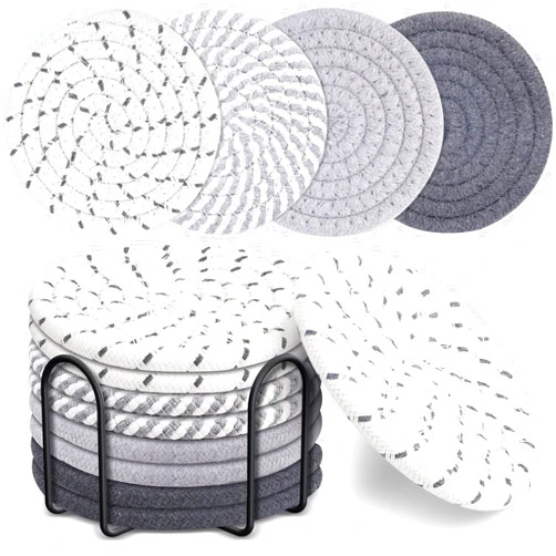 Mckanti 8 Pcs Drink Coasters with Holder, 4 Colors Absorbent Coasters for Drinks, Minimalist Cotton Woven Coaster Set for Home Decor Tabletop Protection Suitable for Kinds of Cups, 4.3 Inches.