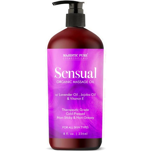 MAJESTIC PURE Organic Sensual Massage Oil for Massage Therapy - Refreshing, and Relaxing - Natural Oils for Date Night with Vitamin E - for All Skin Types - Men and Women Massage Lotion- 8 fl oz