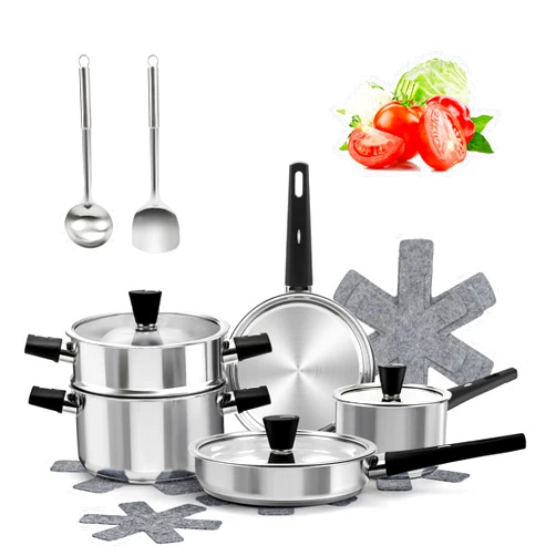 ASKSCICI Stainless Steel Pots and Pans Set, 14-Piece Kitchen Cookware Set with Stay-Cool Handle, Non-Toxic, Dishwasher Safe & Compatible with All Stovetops (Gas, Electric & Induction)