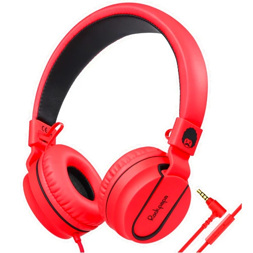 rockpapa 950 Wired Headphones for Kids Girls Boys for School Classroom with Microphone, On-Ear Foldable Corded Headphones with Jack 3.5mm for Laptop Computer Tablet Chromebooks Black Red