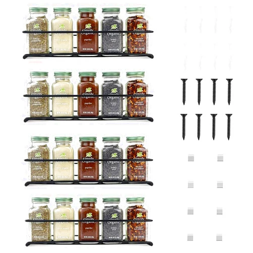kaileyouxiangongsi 4 Pack Spice Rack Organizer, Wall Mount Spice Rack Organizer,Screw or Adhesive Hanging Spice Rack, Black