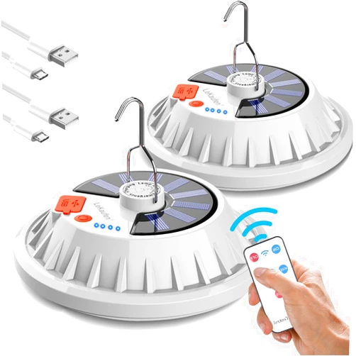 LeKaufen USB Solar Camping Light Remote Tent Light 2 Pack - 4000LM Portable LED Rechargeable Camping Lantern Hanging IPX4 Waterproof Emergency Light for Camping, Hiking, Power Failure, Hurricane (120 LEDs)