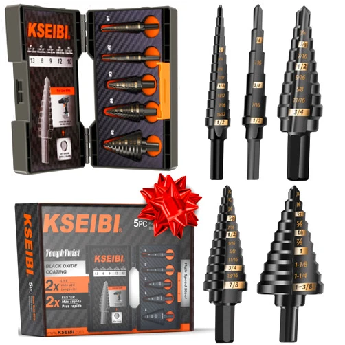 KSEIBI 598240 Industrial Grade Unibit 5-Pieces Step Drill Bits Set 3-Flat Shank, High-Speed Steel Metal Drill Bits Kit Black Oxide M2 for Drilling Stainless Steel, Aluminium, Wood