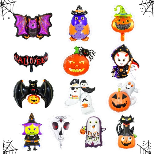 FEYG 3D Foil Balloons for Halloween - Ghost, Spider, Bat, Witch, Zombie Skeleton, Pumpkin - Aluminum Helium Balloons for Kids, Scary Nights Fun Party Decorations Supplies