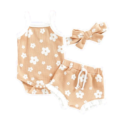 FYBITBO Newborn Baby Girl Clothes Floral Summer Outfits Sleeveless Romper Bodysuit and Ruffle Bloomer Shorts Headband Set
