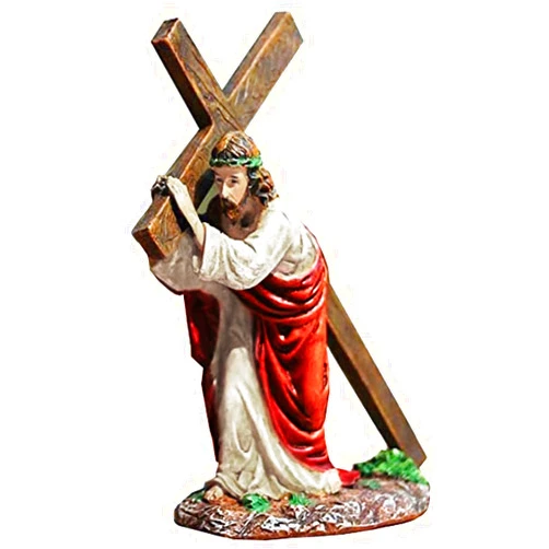 DreamsEden 4.7 Inch Small Jesus Cross Statue Religious Figure Little Jesus Carrying Cross on The Way to Calvary Tiny Statue Resin Christian Decoration for Home Church Office