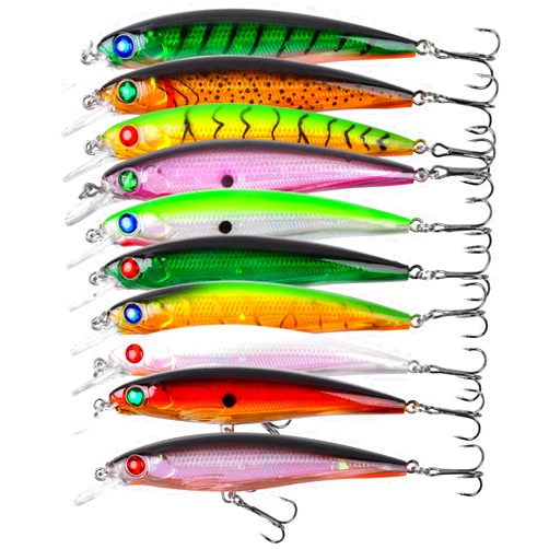 VATEICO Crankbait Minnow Fishing Lures,10pcs Popper Plug Lure with Treble Hooks Hard Baits Swimbaits 3D Fishing Eyes Life-Like Bass Crank Bait for Trout Bass Perch Fishing
