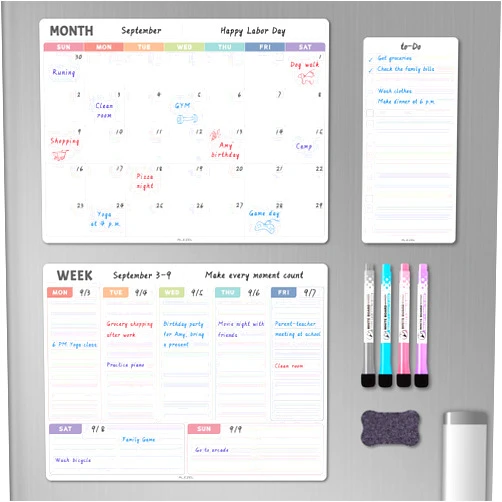 ALEZEL Magnetic Dry Erase Refrigerator Calendar, Dry Erase Calendar White Board Set for Fridge - Magnetic Monthly & Weekly Planner with List Board, 4 Markers + Eraser