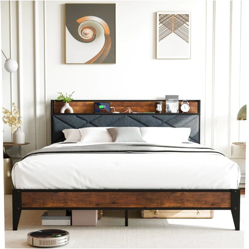 Homhougo Full Size Bed Frame with Charging Station, Heavy-Duty Platform Bed with Storage Shelf & Button Tufted Fabric Headboard, Metal Slats Support, No Box Spring Needed, Grey