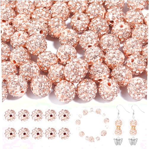 Yumttero 100Pcs Rhinestone Beads 10mm for Jewelry Making, Shiny Round Shamballa Disco Beads Bling Sparkle Rhinestone Clay Beads for Necklace Bracelet Earring Making and DIY Decoration(Champagne)