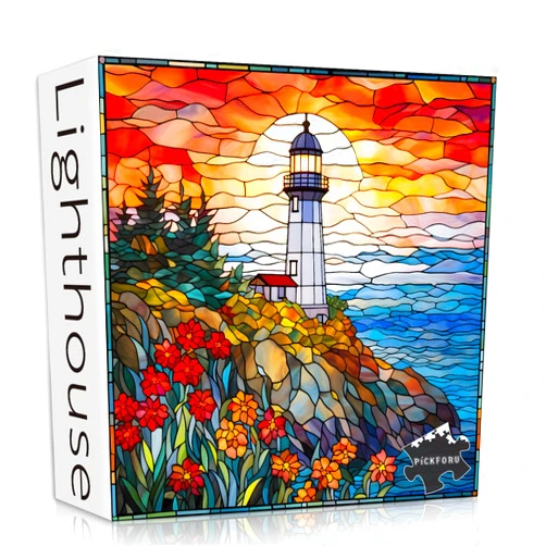 PICKFORU Stained Glass Lighthouse Puzzles for Adults 1000 Piece, Mosaic Beach Puzzle Hard, Impossible Difficult Challenging Puzzles, Lighthouse Scenic Jigsaw Puzzles