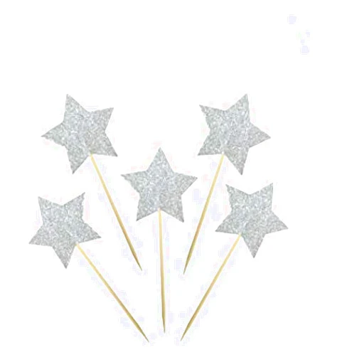 MOAXMOA 50Pcs Star cupcake toppers for All Occasions Party Supplies Decoration with Double Sided Glitter Stock (Silver)