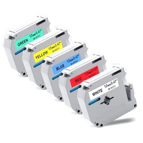 Fimax Compatible for Brother Ptouch M Tape M-231 M-K MK 231 431 531 631 731 Label Tape 12mm 0.47 Inch for Brother PT-95 PT-90 PT-70BM PT-45 Label Maker, Black on White/Red/Blue/Yellow/Green, 5-Pack