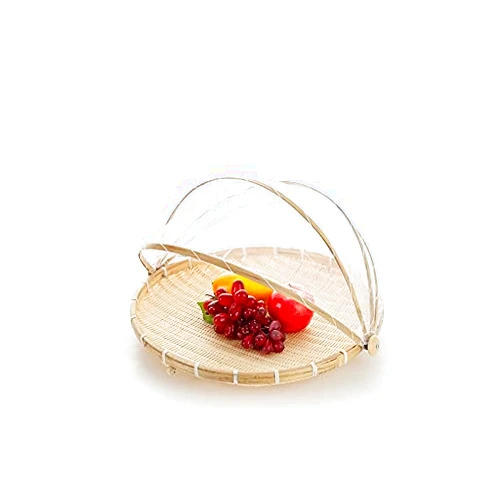Xshelley Round Bamboo Tent Basket with lid, Vegetables/Fruits, Bread, Storage Basket (14.1 inches in Diameter)