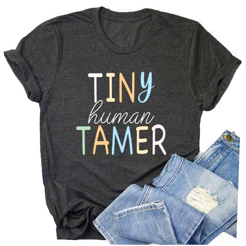 OJLPHH Teacher Shirts for Women - Kindergarten & Elementary School Teaching Tee Funny Tiny Human Tamer Graphic Tees Tops