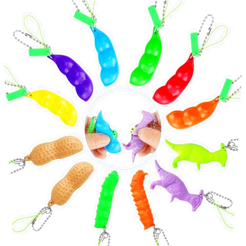 Bairimeng 12 Pack Squeeze Toy Set，6 Fidget Peapods，2 Fidget Peanuts，2 Squeeze Caterpillars and 2 Squeeze Dinosaurs. Funny Facial Expressions Squeeze Fidget Toy.