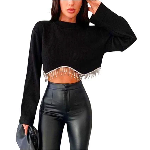 Mannjin Women’s Rhinestone Fringe Top Long Sleeved Loose Fitting Shirt Sparkly Glitter Fringe Racer Back Knit Crop Tank Top