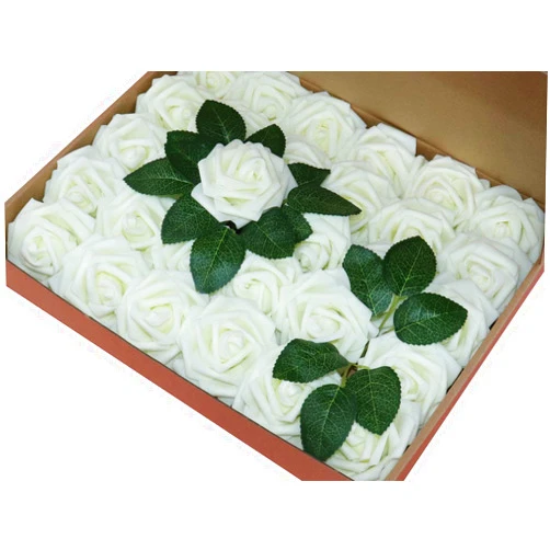 CODE FLORIST Artificial Foam Roses 20pcs with Leaves and Stems for Wedding Bridel Shower Bouquets Centerpieces,Handmade Floral Arrangements Party Baby Shower Tables Home Decor (Beige)