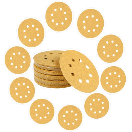 Mestool 5-Inch 8-Hole Hook and Loop Gold Sanding Discs, Pack of 50 Sandpaper, 60-Grit