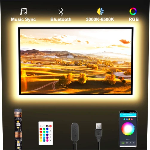 Tatazone Bluetooth RGBWW LED Lights for 60-65 Inch TV with App Control, RGB+Tunable White 3000K-6500K TV LED Backlight with RF Remote, Music Sync Indoor USB LED TV Lights for TV, Gaming