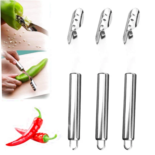Generic Pepper Seed Corer Remover, Stainless Steel Chili Corer Peppers Seed Remover, Easily Seed Remover or Slice Off Vegetable Tops, 2 in 1 Serrated Slice Seed Remove Tool for Chili, Zucchini (3pcs -410)