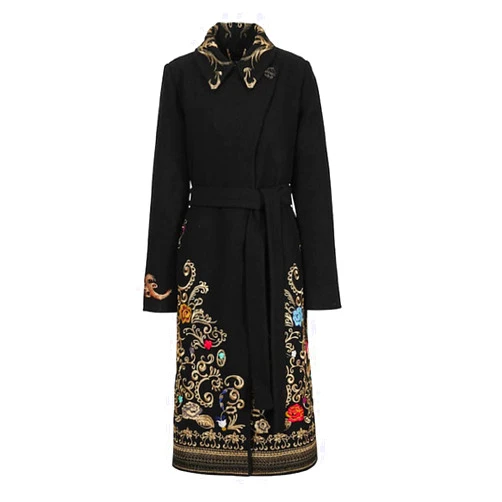IVKO Boiled Wool Coat with Embroidery in Black Extra Fine Merino Wool with Jade Lining Overcoat Removable Belt Pea Coat