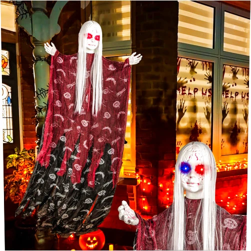 SUNREEK Halloween Hanging Ghosts with Bendable Arms, Animated Hanging Ghost Color Changing Light Up Eyes for Halloween Decoration Outside Indoor Spooky Scenes (Purple)
