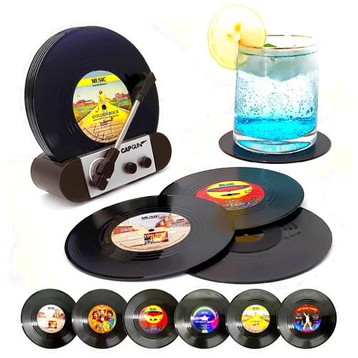 RADIXIUM Funny Retro Vinyl Record Coasters, Creative Drink Coasters Set of 6 with Vinyl Record Player Holder for Music Lovers, Housewarming Hostess Gifts, Birthday and White Elephant Gifts Ideas