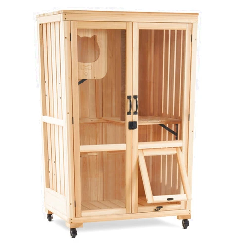 MCombo Luxury Cat House with Scratching Post, Wooden Large Cat Villa with Wheels, Multi-Feature Cat Condo with Escape Door, Cat Cages Enclosures with Shelter Indoor/Outdoor 6012-CT83 (Natural)