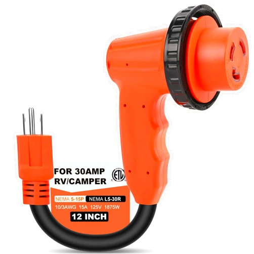 Gociean 30 Amp to 110 Volt RV Adapter Plug with Locking Connector, NEMA 5-15P to NEMA L5-30R Electrical Power Adapter with Upgraded Grip Handle, ETL Listed, 3-Year Warranty