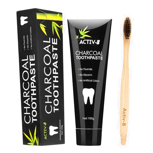 JREPPY Activ-8 Activated Charcoal Toothpaste (100g) and Bamboo Toothbrush, Removes smoke and coffee stains, Vegan, Fluoride Free, Mint Flavour