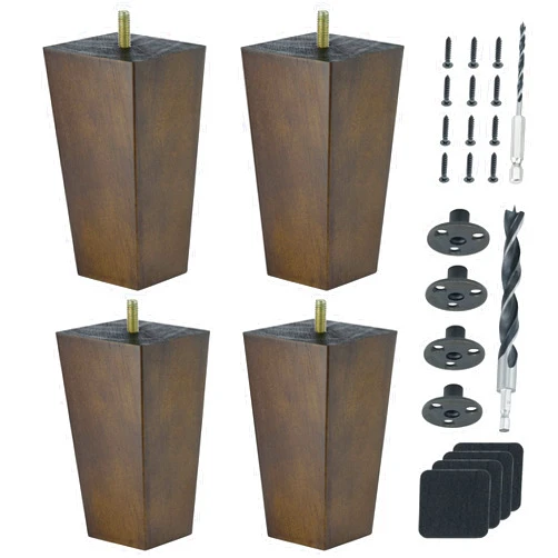 OURISON 5 Inch Wood Couch Furniture Legs Pack of 4- with M8 Bolt, Drill Bits- Brown Walnut Square Tapered Sofa Replacement Feet Leg for Furniture, Recliner, Armchair, Ottoman, Cabinet, Nightstand