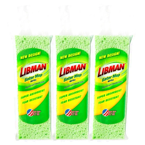 Libman 1487 Gator Mop Refill Pack – Extra-Absorbent, Cellulose Coated Sponge Replacement Heads for The Libman Gator Mop, 3-Pack, Green