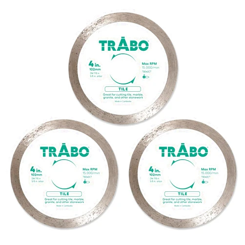 Trabo 4 Inch 3 Pack Tile Continuous Rim Diamond Metal Bond Blade for Cutting Granite, Ceramic, Porcelain, Quartz, and More 3 Pieces with 7/8 Inch Arbor with 5/8 Inch Reducer Ring