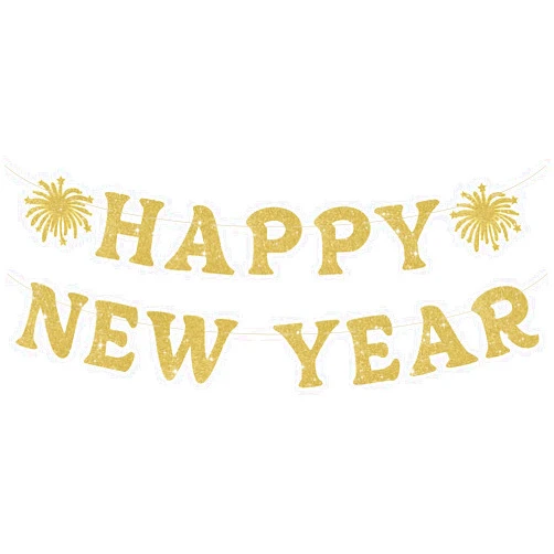 SerpizePaty Happy New Year Banner, Pre-Strung NYE Decorations, Gold Glitter NYE Party Favors with Fireworks, Happy New Year Sign for Winter Xmas NYE Party Mantle Fireplace Hanging Sign Supplies