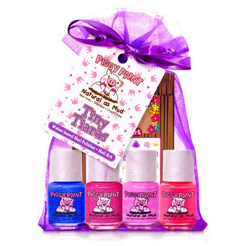 Piggy Paint | 100% Non-Toxic Girls Nail Polish | Safe, Cruelty-free, Vegan, & Low Odor for Kids | Tiny Tiaras (4 Polish + Nail Art Gift Set)