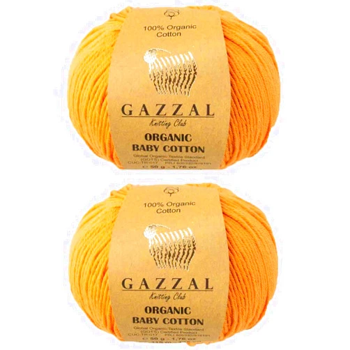 GazzalYarn Gazzal Organic Baby Cotton Yarn 100% Organic Cotton, 2 Ball (Pack) Total 3.52 Oz. Each 1.76 Oz (50g) / 125 Yrds (115 m), 3 Light DK,Global Organic Textile Standard(GOTS) (418 Mustard)