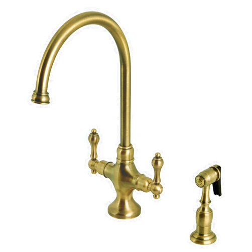 Kingston Brass KS1763ALBS Vintage Two-Handle Kitchen Faucet with Brass Sprayer, Antique Brass