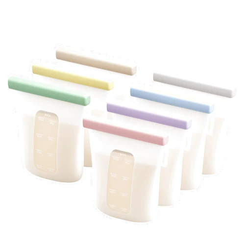 Nuliie 7 Pcs Silicone Breastmilk Storage Bags Reusable, 8oz/240ml Double Leak-Proof Breastmilk Freezer Bags, BPA Free Self-Standing Milk Bags for Breastfeeding, Baby Food Pouches