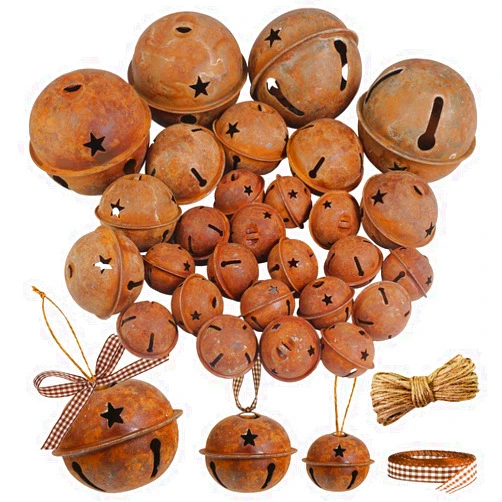 Winlyn 28 Pack Rusty Jingle Bells with Star Cutouts Christmas Sleigh Bells Rustic Metal Craft Bells Star Bells with Jute Rope Ribbon for Holiday Season Primitive Country Décor 3 Sizes 1.6