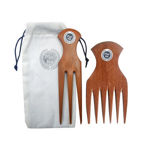Plai Na Comb for African Hair - Wooden Comb Afro Pick Set for Women – Wide Teeth Pick, Prong Braiding/Parting 3 Tooth Comb for Braiding Handmade