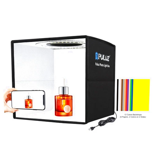 PULUZ Photo Studio Light Box, PULUZ Mini Folding Lightbox LED Ring Light Portable Photo Box Shooting Tent Box Kit 12 Colors Backdrops USB Light Box Photography for Small Items Product Photography 10