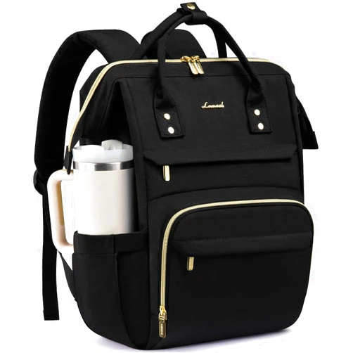 LOVEVOOK Laptop Backpack for Women with Giant Tumbler Holder Pocket,15.6 inch Waterproof Travel Backpack Purse Computer Laptop Bag,Professional Work College Nurse Teacher Backpack Casual Daypack,Black