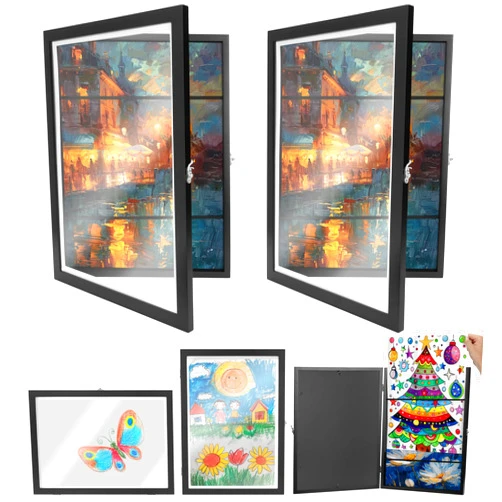 Navaris Kids Wooden Art Project Frames, 2 Pack, A3 Size - Changeable Children's Framed Artwork Display with Front Opening - Drawing, Picture, and Photo Storage Frame - Black