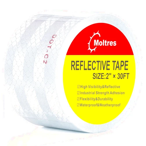 MOLTRES DOT-C2 Reflective Tape,White Silver 2Inch X30 Feet Waterproof Conspicuity Safety Tape,Trailer Self Adhesive Warning Caution Reflector Tapes for Car Trucks Trailer Vehicle Outdoor
