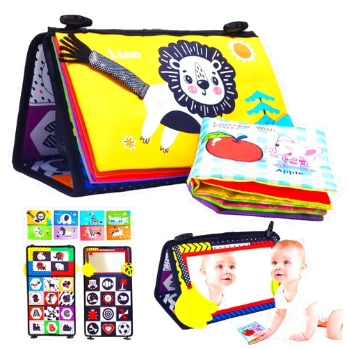 VASSRO Baby Toys 0-6 Months Newborn Infant Toys Tummy Time Mirror Toys with Animial Crinkle Cloth Book and Mini Fruit Book, High Contrast 3D Activity Play Crinkle Sensory Toys Baby Gift 0-12 Months