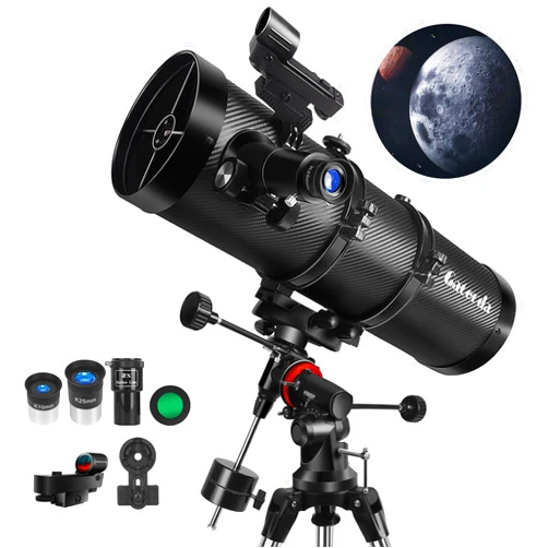Gaterda Telescope 150EQ Reflector Telescope for Adults Astronomy, Professional Manual German Equatorial Telescopes for Beginners & Kids with Eyepiece Set, Stainless Tripod, Moon Filter and Phone Adapter